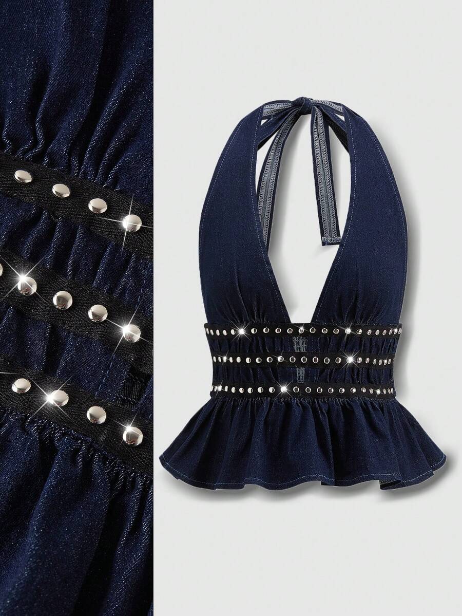 SHEIN MOD 女士露背系带露背荷叶边时尚百搭牛仔上衣夏季上衣圣诞节新年派对上衣沙滩休闲上衣亮片上衣闪亮上衣女士社交上衣女士牛仔露背短款上衣，饰有铆钉褶皱腰部和蝴蝶结后背 - 深色水洗藍 - 查看 1