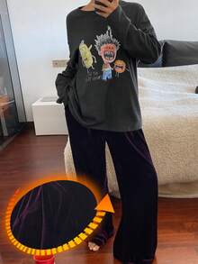 DAZY 抽象印花上衣和天鹅绒宽松裤女士睡衣套装 - 深灰色 - 查看 1