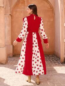 1 Piece Teen Girls Elegant Vintage Red Rose Floral Print Maxi Dress White Autumn Holiday Celebration Wear,Long Buttoned Sleeves Ruffled Trim Outfit - Multicolor - View 2