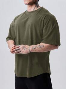 GymBeat 男士纯色圆领短袖休闲健身运动T恤健身服跑步T恤和背心健身上衣健身房上衣透气 - 軍綠色 - 查看 3