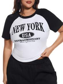 Solavibe 2 pièces/Set Femmes grande taille T-shirt à manches raglan imprimé lettres et pantalon large, décontracté - Noir - Voir 2