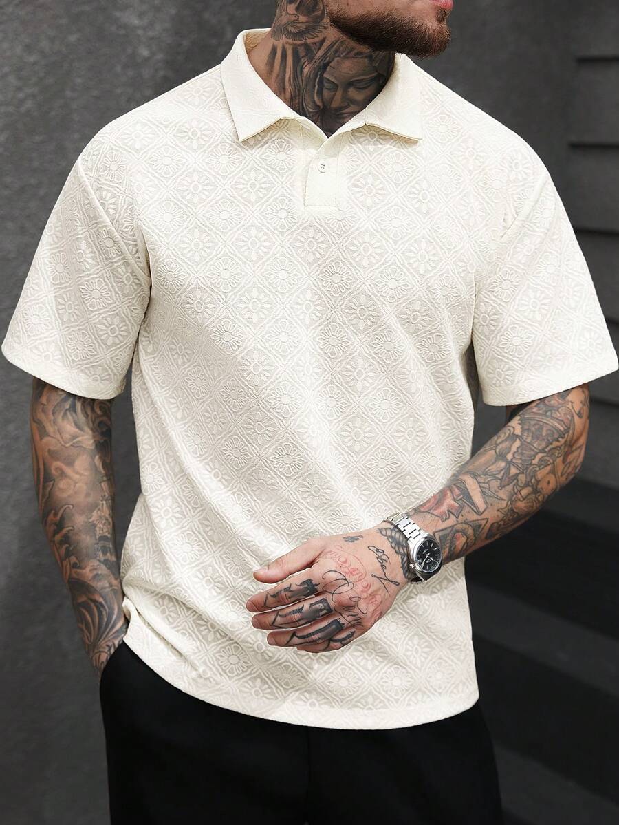 Manfinity CasualCool Áo Polo nam tay ngắn màu trơn, chất liệu có họa tiết, kiểu dáng lịch sự, dành cho nam giới trưởng thành. Áo Polo nam, áo kiểu thường ngày màu kem. - Màu be - Xem 1