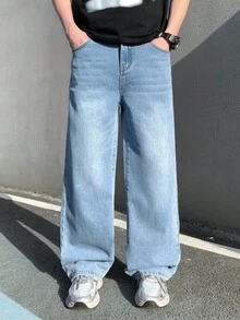 SHEIN Teenage Boys' Basic Blue Loose Fit Jeans - Blue - View 3