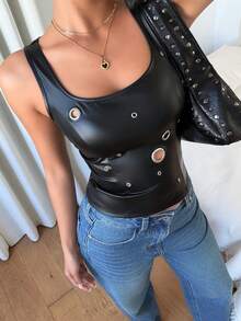 Siren Gaze Women's Black Leather Look Tank Top Featuring Rivet Embellishments And Classic Square Neck Women's Black Faux Leather Eyelet Tank Top - Black - View 5