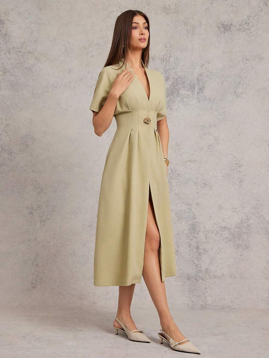 L'Amorae Women Gold Ornament Button V-Neck Midi Fit And Flare Pleated Casual Summer Dress - Olive Green - View 1
