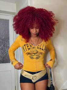 StreetHx 女士Y2K街头服饰，哥特风图案T恤，修身长袖T恤，秋冬款 - 黃色 - 查看 5