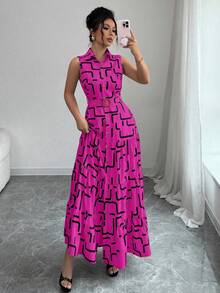 Elenzga New V-Neck Graphic Print Button Sleeveless Tie Waist Slim Fit Dress For Women - Hot Pink - View 6