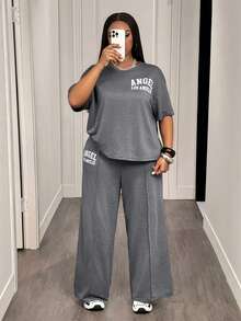 Slaydiva 2025 夏秋新款休闲纯色水洗灰宽松圆领短袖字母图案T恤+阔腿直筒裤女两件套，适合日常出行、返校、毕业典礼、派对、休闲街头、度假、毕业典礼穿搭、早午餐穿搭、机场穿搭-A - 灰色 - 查看 6