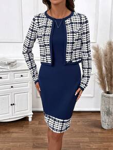 SHEIN Clasi 女士千鸟格夹克和连衣裙两件套，适合冬季通勤和外出 - 彩色 - 查看 5