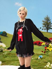 Teletubbies X ROMWE Y2K Cute Graphic Embroidered Pullover Sweater For Women - Black - View 6