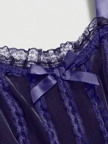 ROMWE Đầm nhung buộc dây cổ chữ V phối ren viền ren màu tương phản phong cách cung điện Gothic Retro dành cho nữ - Màu tím - Xem 3