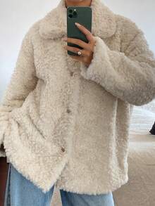 DAZY 女士休闲抓绒外套，时尚运动日常外套，秋冬女式大衣 - 米色 - 查看 4