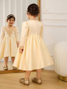 Glamorique Kids Champagne Long Sleeve Satin Embroidered Flower Girl Dress For Baby Girls,Elegant White Summer Birthday Party Gown,Ruffle Hem Princess Performance - Champagne - View 2