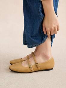 Rosivie 2025年夏季新款法式方头百搭黑色镂空编织带低帮透气舒适平底女鞋 - 黃色 - 查看 4