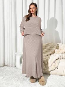 Auralis Bộ 2 món áo và chân váy trơn màu cỡ lớn, mùa thu - Màu be - Xem 6