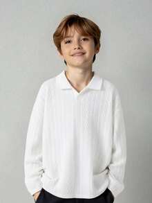 Kids/Young Boy Casual Everyday Versatile Comfortable Ribbed Polo Collar Half-Zip Long Sleeve Knit Polo Shirt, Suitable For School, Garden, Beach, Birthday, Spring/Summer, Fall, Winter - White - View 1