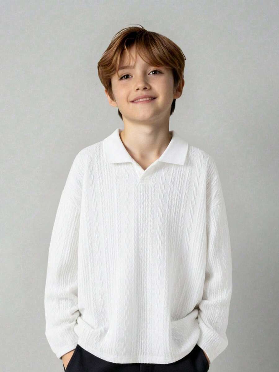 Kids/Young Boy Casual Everyday Versatile Comfortable Ribbed Polo Collar Half-Zip Long Sleeve Knit Polo Shirt, Suitable For School, Garden, Beach, Birthday, Spring/Summer, Fall, Winter - White - View 1