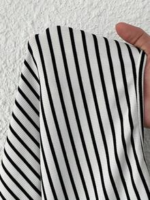 SHEIN EZwear Women Striped Boxy Collar Long Sleeve Casual T-Shirt Bodysuit, Autumn - Black and White - View 7