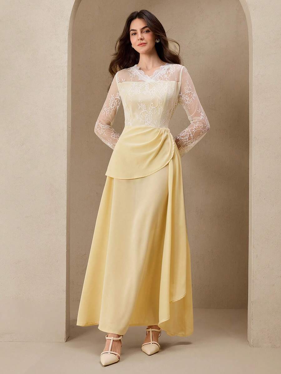 Graceveil V-Neck Lace Patchwork Waist Pleated Long Sleeve Flared Dress For Women - Yellow - View 1