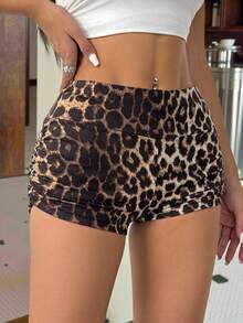 Muchica Leopard Print Fashion Ruched Biker Shorts