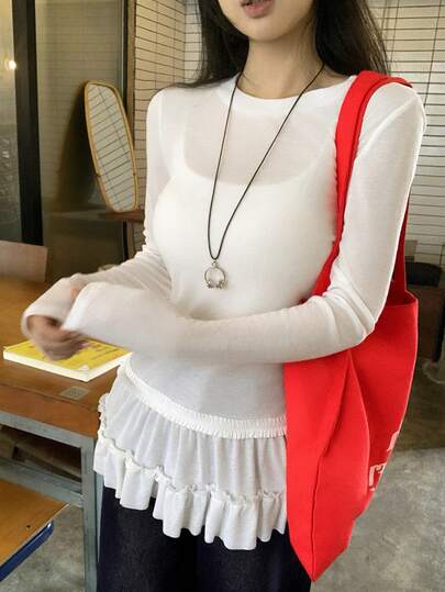 DAZY Women's Solid Color Round Neck Long Sleeve Ruffle Hem Fashion T-Shirt