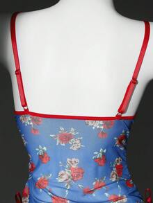 Seduluxe 复古蕾丝拼接花卉修身A字吊带裙，性感女士睡袍 - 藍色 - 查看 8