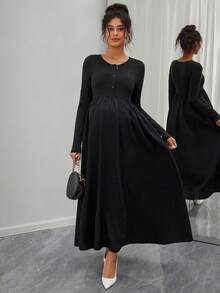 SHEIN Vestido de enfermería casual de cuello redondo y apertura frontal de unicolor - Negro - Ver 4