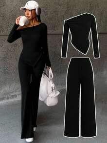 SHEIN 2pcs/Set Teen Girl Asymmetric Collar Knit Top And Wide Leg Pants Casual Outfit, Suitable For Spring And Autumn, Daily Casual Wear - Black - View 1
