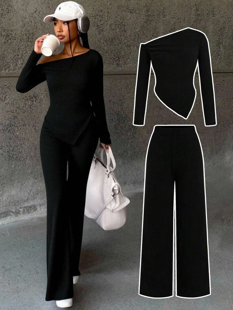 SHEIN 2pcs/Set Teen Girl Asymmetric Collar Knit Top And Wide Leg Pants Casual Outfit, Suitable For Spring And Autumn, Daily Casual Wear - Black - View 1