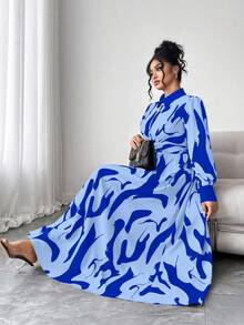 Elenzga 大码女式时尚优雅撞色衬衫领扭腰全印花A字衬衫裙，秋季优雅长袖连衣裙 - 藍色 - 查看 4