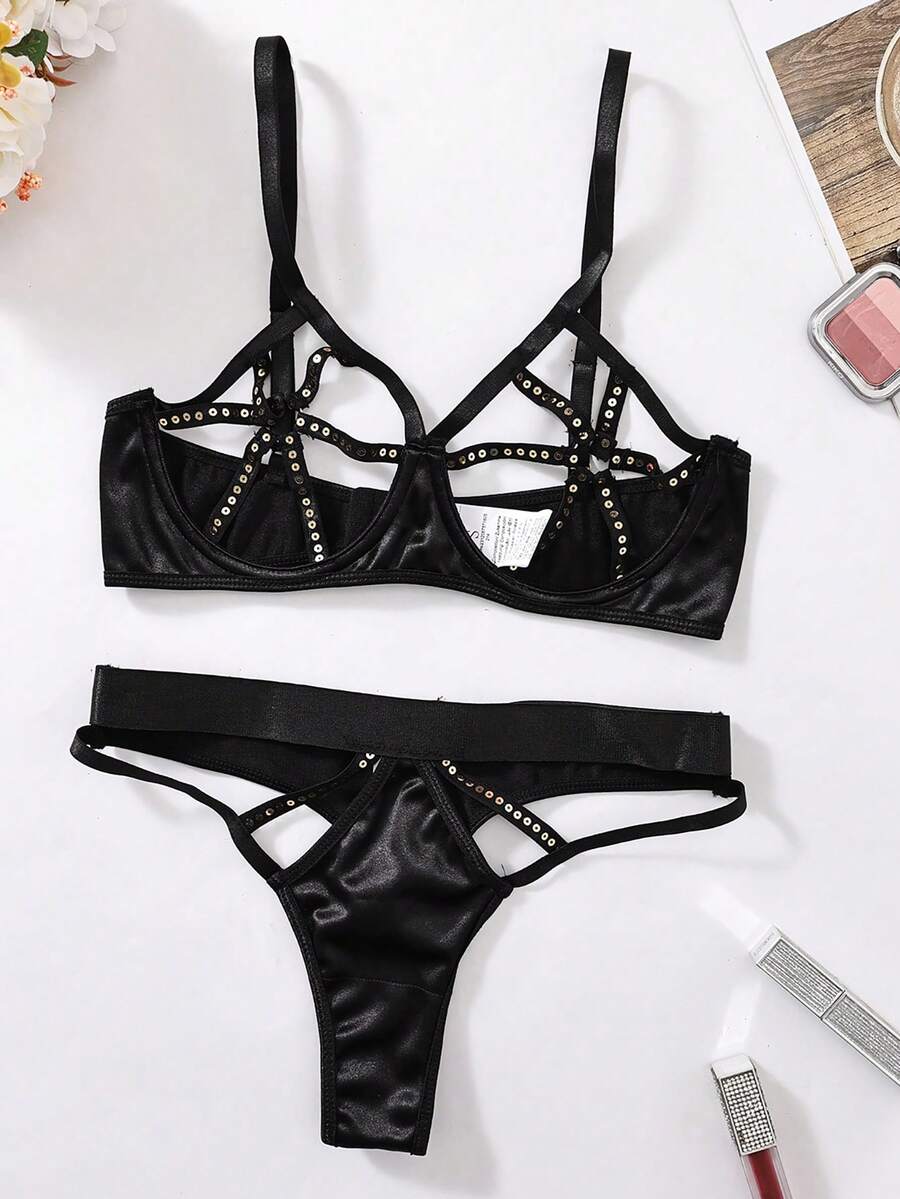 Patchwork Sequin Hollow Out Sexy Lingerie Set, Going Out - Black - View 1