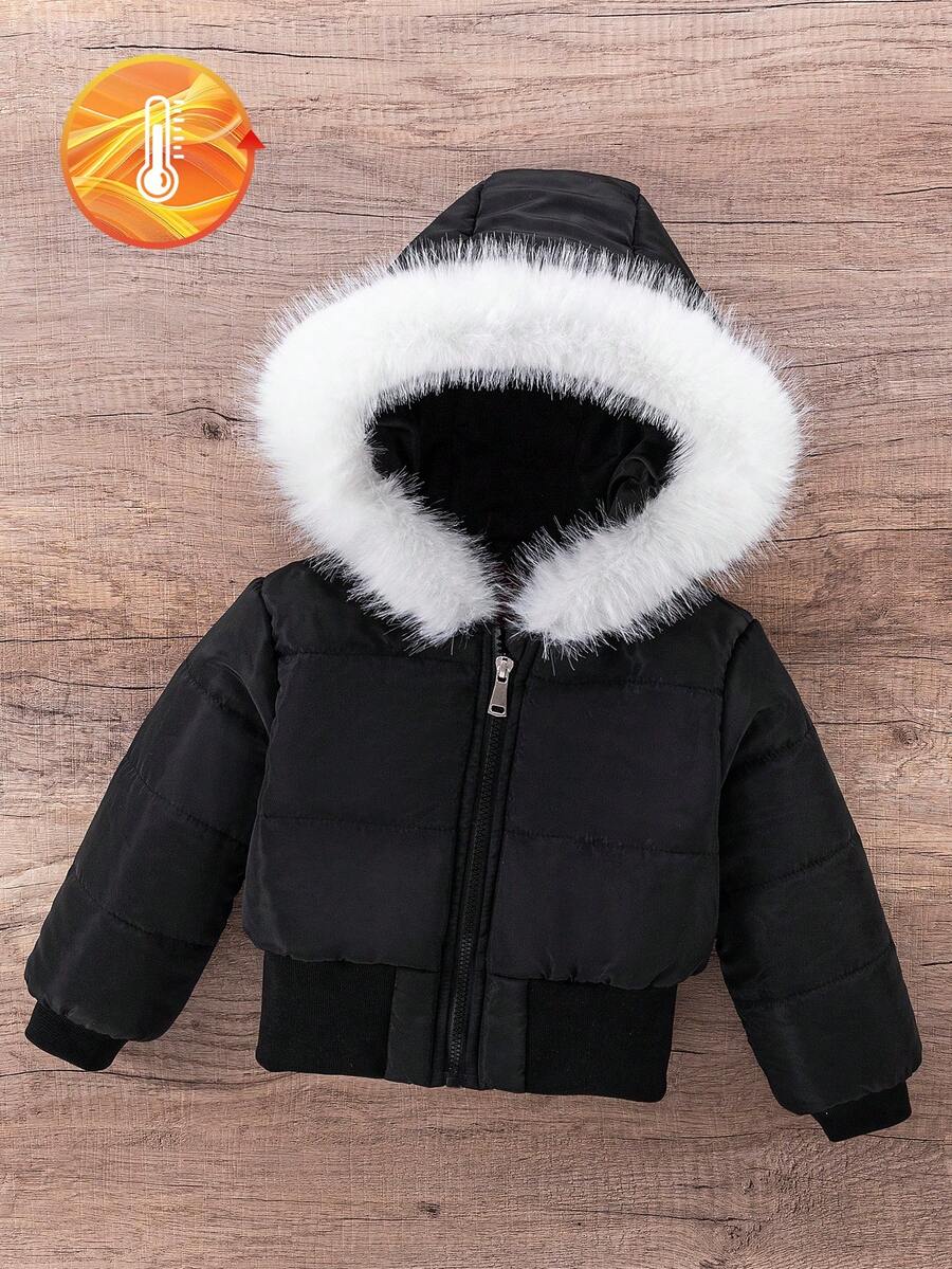 女童黑色连帽加厚高腰罗纹修身时尚羽绒服，秋冬季休闲百搭外套 - 黑與白 - 查看 1