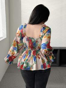 Vibekara 新款优雅浪漫花卉印花蝴蝶结装饰泡泡袖女式短款上衣，收腰设计，喇叭下摆，露脐短款上衣，适合春夏秋季穿着。 - 彩色 - 查看 2