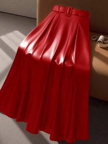 SHEIN Clasi Chân váy chữ A xếp ly màu trơn thanh lịch cỡ lớn dành cho nữ kèm thắt lưng - Đỏ - Xem 3
