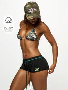 SUMWON WOMEN Quần đùi tập luyện in hình cờ Jamaica, quần đùi lễ hội bãi biển, quần đùi khiêu vũ phong cách Caribe, quần đùi khiêu vũ Reggae - màu đen - Xem 1