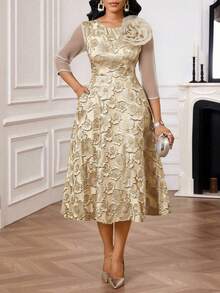 SHEIN Lady 春夏优雅派对婚礼鸡尾酒会音乐会/音乐节蓝色提花圆领喇叭形3D玫瑰修身连衣裙中长七分袖连衣裙优雅女士连衣裙高贵套装优雅礼服婚礼 - 杏色 - 查看 4