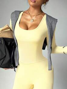 Dewbera Women's Autumn/Winter Jumpsuit, Black Tight-Fitting U-Neck Long Sleeve, Cross Back Strap, Fitted Front Panel, Flared Leg Hem, Suitable For Casual, Running, Yoga, Gym, Tennis And Other Activities - Yellow - View 2