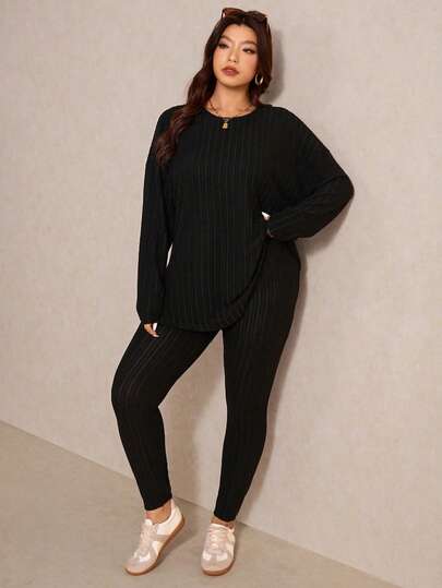 Elaquor Conjunto de camiseta de manga larga y pantalones de punto acanalado de un solo color, casual y sencillo para uso diario y trayectos, tallas grandes, primavera/otoño