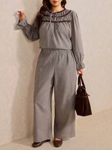 Elaquor Plus Size Women Plaid Front Tie Flare Sleeve Shirt And Wide Leg Pants Casual 2 Pieces Set - Coffee Brown - View 6