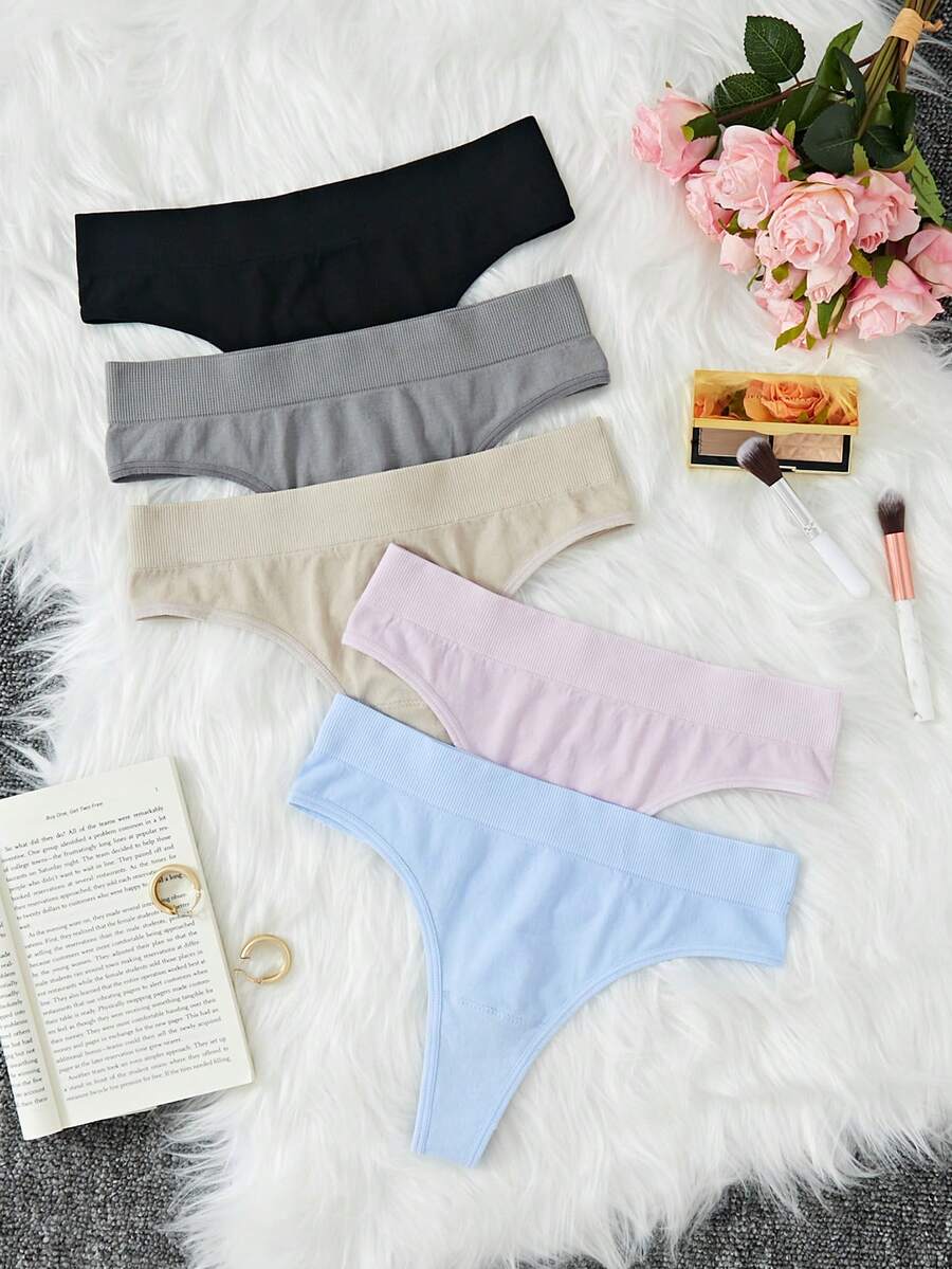 SHEIN 5 paquetes Tangas de punto acanalado sólido y sexy - Multicolor - Ver 1