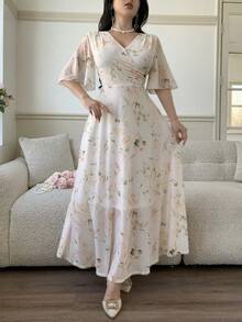 Feyla 优雅碎花V领收腰女士长连衣裙 - 彩色 - 查看 3