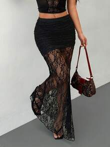 SHEIN Tall Women's Elegant Romantic Fashion Commute Sexy Black Lace Maxi Skirt, Tight Lace Skirt, Beach Holiday Ladies Skirt, Back To School Graduation Season Women's Wear, Romantic Date, Birthday, Easter Ladies, Brazilian Carnival, Music Festival, Wedding Season, Brunch Ladies Skirt, Bohemian Style, Fairy Style Skirt - Black - View 7