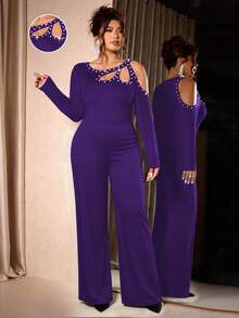 Cravure 女士加大码修身长袖露肩连体裤 - 肩部饰有圆形装饰纽扣和泡泡珠，优雅休闲，适合秋冬派对和盛会 - 紫色 - 查看 1