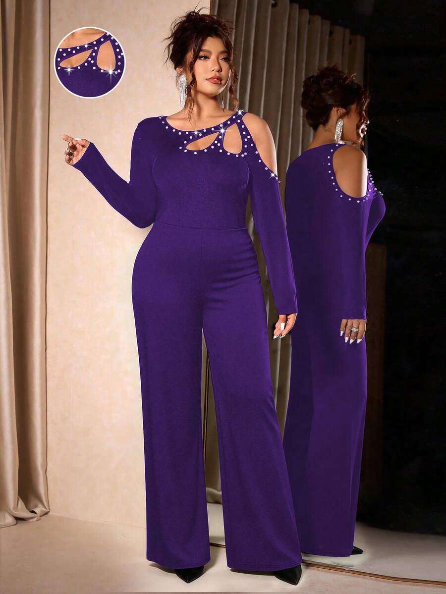 Cravure 女士加大码修身长袖露肩连体裤 - 肩部饰有圆形装饰纽扣和泡泡珠，优雅休闲，适合秋冬派对和盛会 - 紫色 - 查看 1