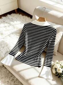 Chiquease 女士二合一黑白条纹喇叭袖休闲T恤，适合冬季、夏季、春季、情人节、浪漫约会、海滩、婚礼、生日、郊游、优雅休闲装、度假、毕业季及其他场合。 - 黑與白 - 查看 2