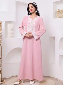 SHEIN Ramadan New Loose Casual Crew Neck Pattern Long Sleeve Robe For Teen Girls, Pink Robe, Traditional Arabic Clothing, Kaftan, Jalabiya, Abaya Robe, Ramadan, Matching Sister, Mother-Daughter - Pink - View 3