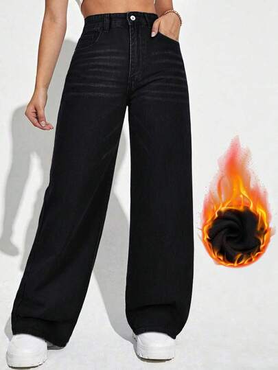 SHEIN ICON Jeans de talla grande para mujer, de ajuste holgado y sin estiramiento