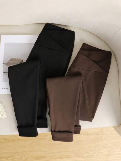 Teen Girls 2pcs/Set Home Leisure And Versatile Thermal Lined Tight Leggings For Girl, Black & Brown, Fall/Winter Tight Legging For Children Warm Leggings Winter Leggings For Girls Tights Leggings Tweens Knee Length Leggings For Girls