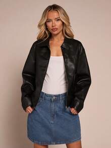 Glamine 女士黑色PU领夹克，女士黑色夹克，时尚百搭摩托车夹克 - 黑色 - 查看 4