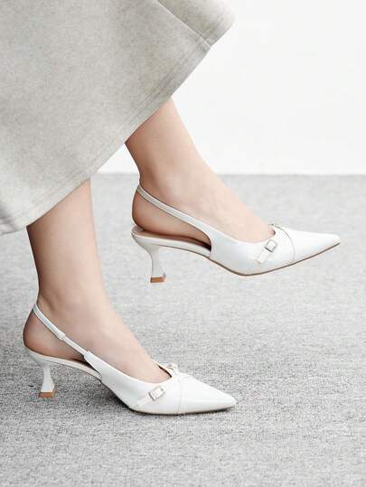 CUCCOO BIZCHIC Women's Pointed Toe Stiletto Heel White Backstrap High Heel Pumps, Slingback Dress Shoes For Outdoor, Commute, Party, Banquet, Office Wear